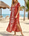 Embroidered Short Sleeve V Neck Beach Kaftan