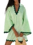 Green Boho Striped V-Neck Kaftan Dress