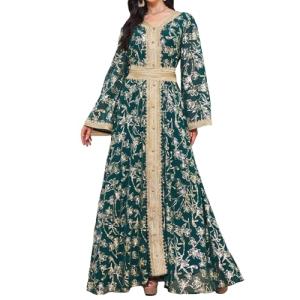 Embroidered Floral V Neck Maxi Kaftan Dress