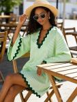 Green Boho Striped V-Neck Kaftan Dress