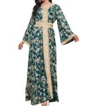 Embroidered Floral V Neck Maxi Kaftan Dress