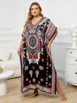 Plus Size Printed V-Neck Beach Kaftan Dress