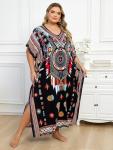 Plus Size Printed V-Neck Beach Kaftan Dress
