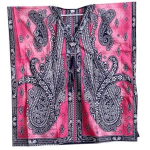 Paisley Print Short Kimono Kaftan Dress Coverup Loose Sundress Pink L-34"