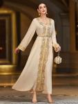 Lace Trim V-Neck Long Sleeve Kaftan Dress