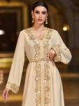 Lace Trim V-Neck Long Sleeve Kaftan Dress