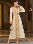 Lace Trim V-Neck Long Sleeve Kaftan Dress