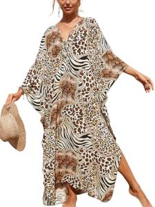 Plus Size Animal Print V-Neck Batwing Kaftan