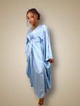 Sky Blue Satin Maxi Kaftan Dress with Batwing Sleeves