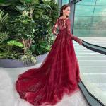 Burgundy Custom Evening Kaftan with Lace Sleeves