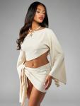 Cream Off-Shoulder Kaftan Wrap Top and Skirt Set