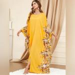 Chic Yellow Kaftan Dress with Embroidery for Women