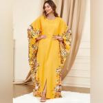 Chic Yellow Kaftan Dress with Embroidery for Women