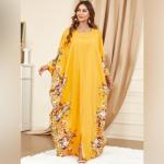 Chic Yellow Kaftan Dress with Embroidery for Women