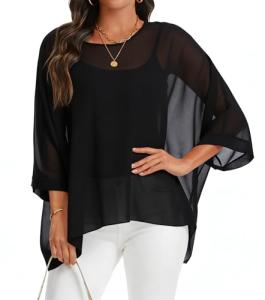 Chicgal Women’s Black Chiffon Beach Kaftan Top