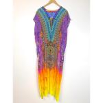Boho Print Kaftan Maxi Dress in Purple Yellow