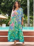 Plus Size Moroccan Print V-Neck Kaftan Dress