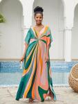 LOUSEA Plus Size Green Striped Kaftan Dress