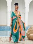 LOUSEA Plus Size Green Striped Kaftan Dress