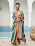 LOUSEA Plus Size Green Striped Kaftan Dress