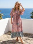 Floral V-Neck Kaftan Dress in Pink and Turquoise