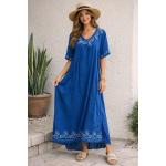 Blue Embroidered Boho Midi Kaftan Dress