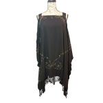 Black Fringe Embroidered Kaftan Poncho for Women
