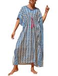 Blue Stripe Plus Size Kaftan Dress with Drawstring