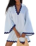 Boho Striped V-Neck Beach Kaftan Dress - Blue