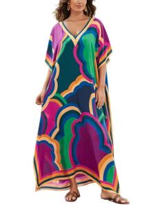 Plus Size Moroccan Print V-Neck Kaftan Dress