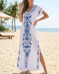 Embroidered V Neck Maxi Kaftan Dress for Women