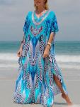 Plus Size Moroccan Print V-Neck Beach Kaftan