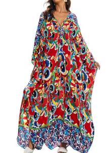 Plus Size Floral Print V-Neck Kaftan Dress