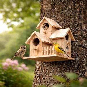 Large Hanging Wooden Bird House with Feeding Station