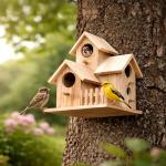 Large Hanging Wooden Bird House with Feeding Station