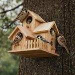 Large Hanging Wooden Bird House with Feeding Station