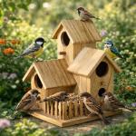 Large Hanging Wooden Bird House with Feeding Station