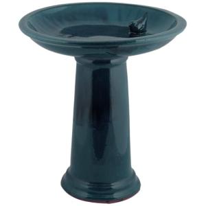 Blue Ceramic Bird Bath on Pedestal, 18" high