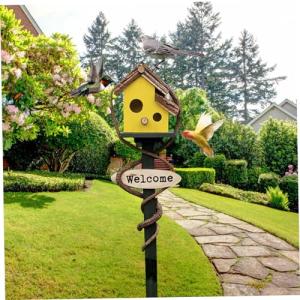 Yellow Wooden Birdhouse with Pole for Outdoor Use