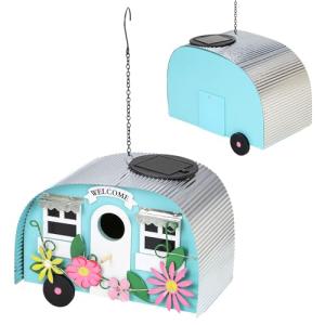 Colourful Metal Caravan Bird House with Solar Lights