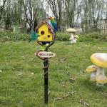 Yellow Wooden Birdhouse with Pole for Outdoor Use
