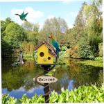 Yellow Wooden Birdhouse with Pole for Outdoor Use