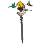 Yellow Wooden Birdhouse with Pole for Outdoor Use