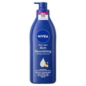 NIVEA Rich Nourishing Body Lotion (400ml), Rich 72H Hydration Moisturiser for Dry Skin Made with Deep Moisture Serum and Almond Oil, Intensive Hydration Body Lotion
