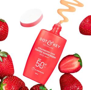 Dot & Key Strawberry Dew Tinted Sunscreen SPF 50 PA with Niacinamide & Hyaluronic Acid, available in Porcelain Light - (01) shade, 50ml for sun protection and hydration.