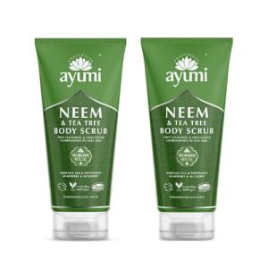 Ayumi Exfoliating Body Scrub with Neem | Tea Tree Oil Scrub for Oily Skin | Back Acne Treatment with Neem Scrub | Nettle Leaf to Soothe Itching | Body Scrub for Women & Mens Skincare Rituals |2x200 ml