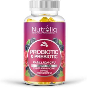 Nutroliq Prebiotic & Probiotic Sugar-Free Gummies - Gut Health Supplements for Women, Men, Kids to Support Digestive System, Immune System Booster - 10 Billion CFU Per Serving, Vegan - 60 Gummies
