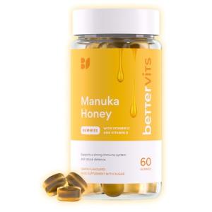Bettervits Organic Manuka Honey Gummies - Natural Honey Supplements - Supports Immune Health & Digestive Wellness | Immune Booster with Vitamin D, C & Zinc | 60 Chewable Gummies for Adults