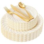 125PCS Ivory Scalloped Plastic Plates & Gold Silverware
