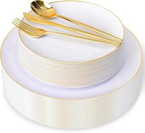150PCS White and Gold Party Plates and Silverware